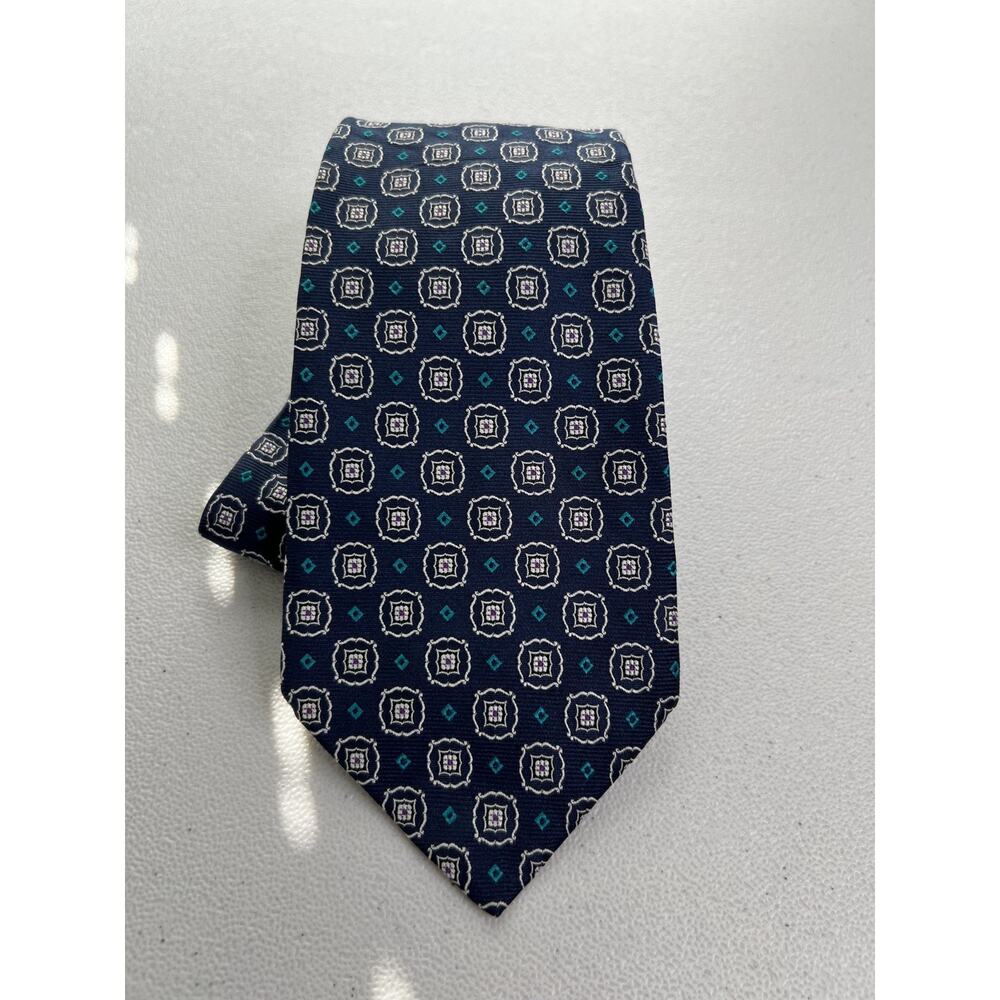 Lands' End Blue Geometric Pattern 100% Silk Handsewn Long Tie NWOT